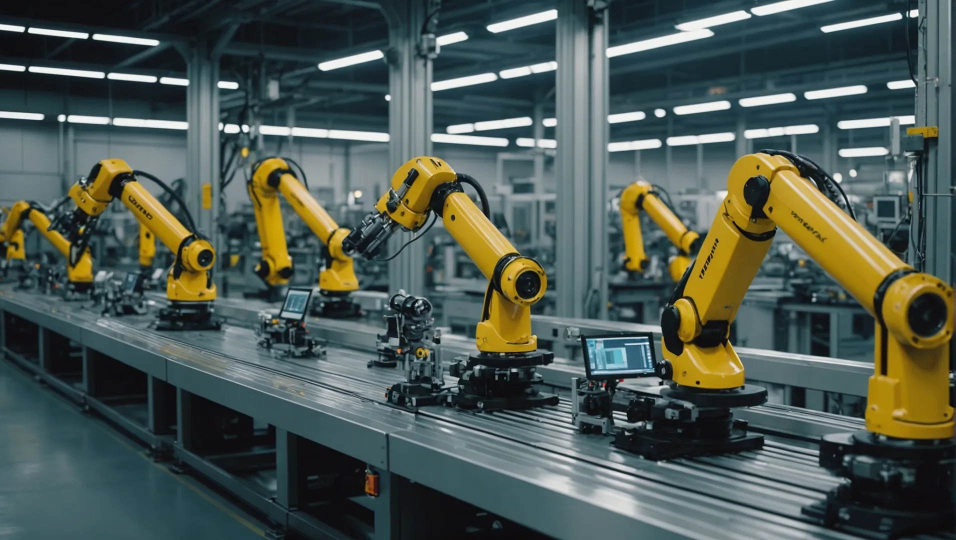 Automated production line with robotic arms working on assembly