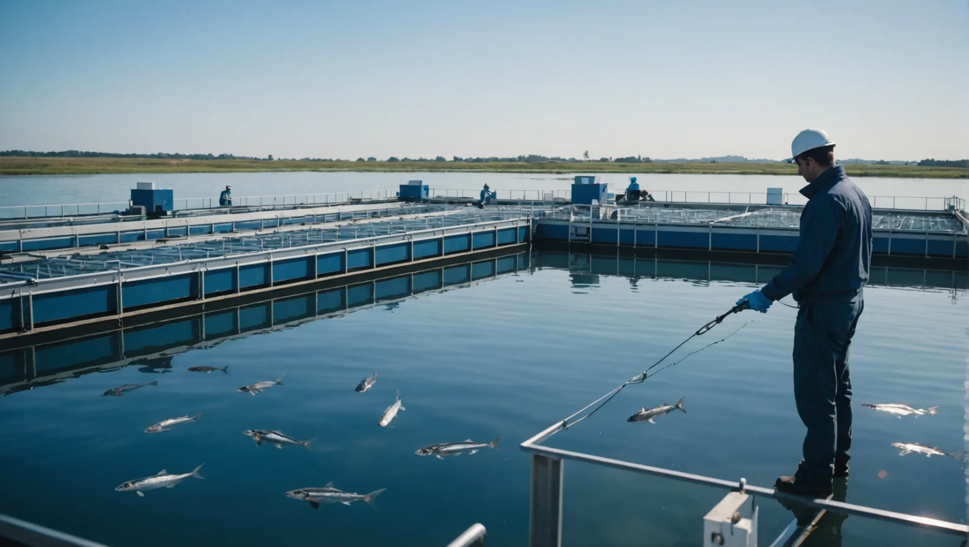 Automatic feeders in a fish farm with workers observing the system