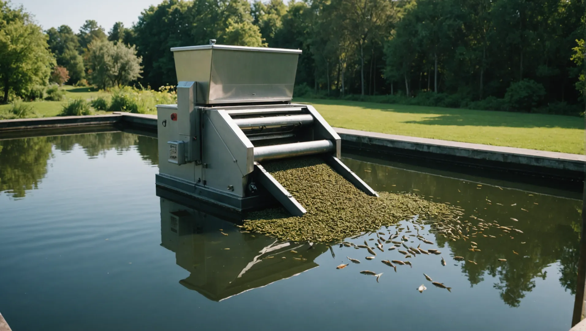 Automatic fish feed machine dispensing pellets into a fish pond