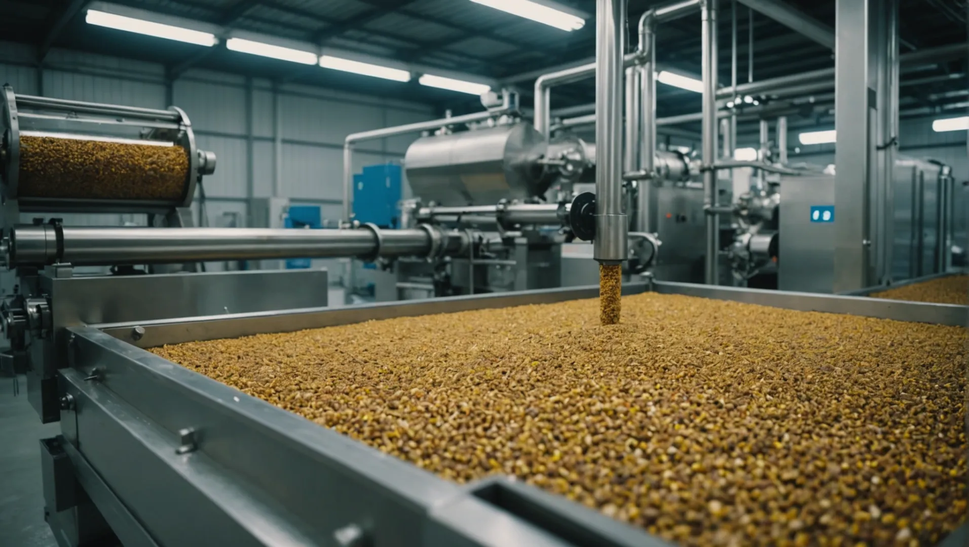 Automatic fish feed making machine in operation with fish farm in background