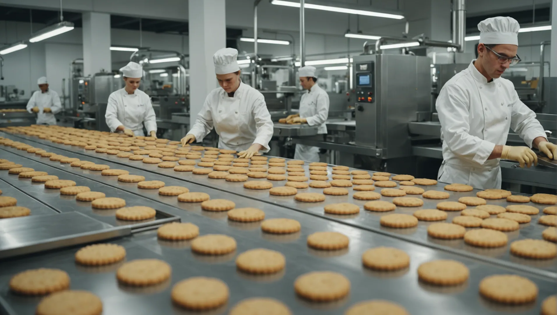 Biscuit production line showing various shaped biscuits