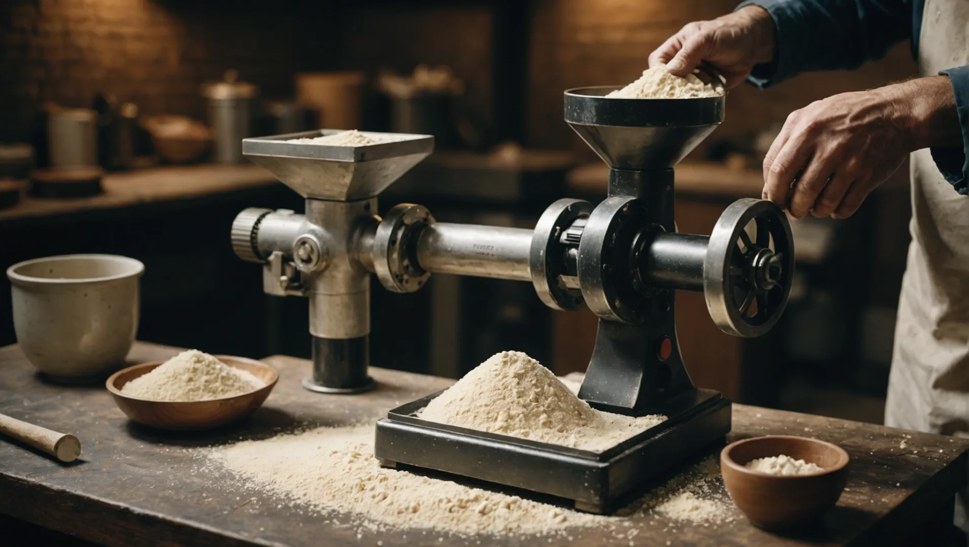 A bone grinder machine in use, grinding bones into a fine powder for dog food.