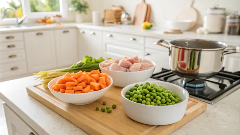 A bright kitchen countertop with fresh ingredients for dog food preparation