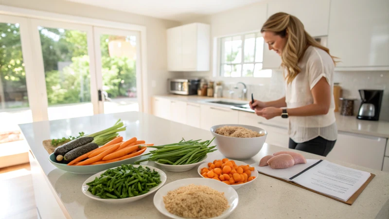 A woman in a bright kitchen preparing homemade dog food with fresh ingredients.