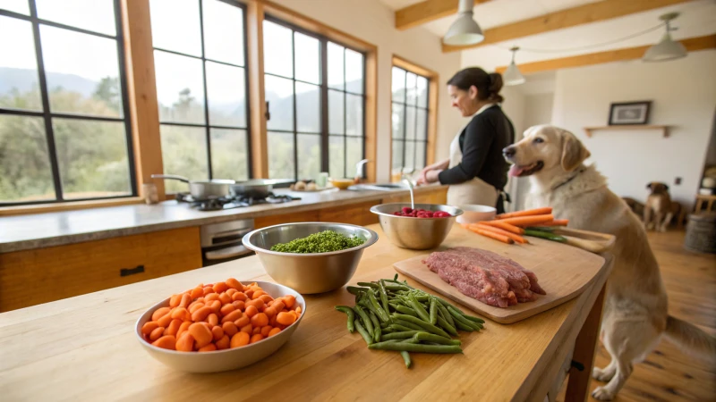 A person preparing dog food in a bright kitchen