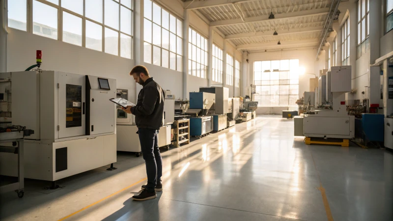 A business owner in a warehouse surrounded by industrial machines