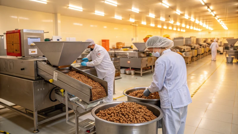 Workers operating machinery in a pet food processing facility