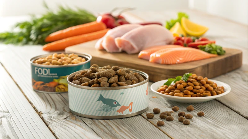 Assorted cat food products on a rustic wooden table with fresh ingredients