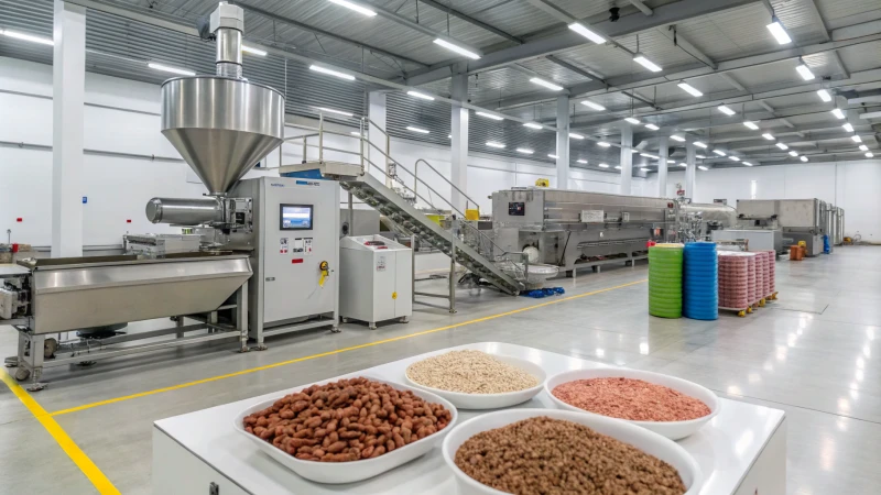 A busy cat food processing line in a factory