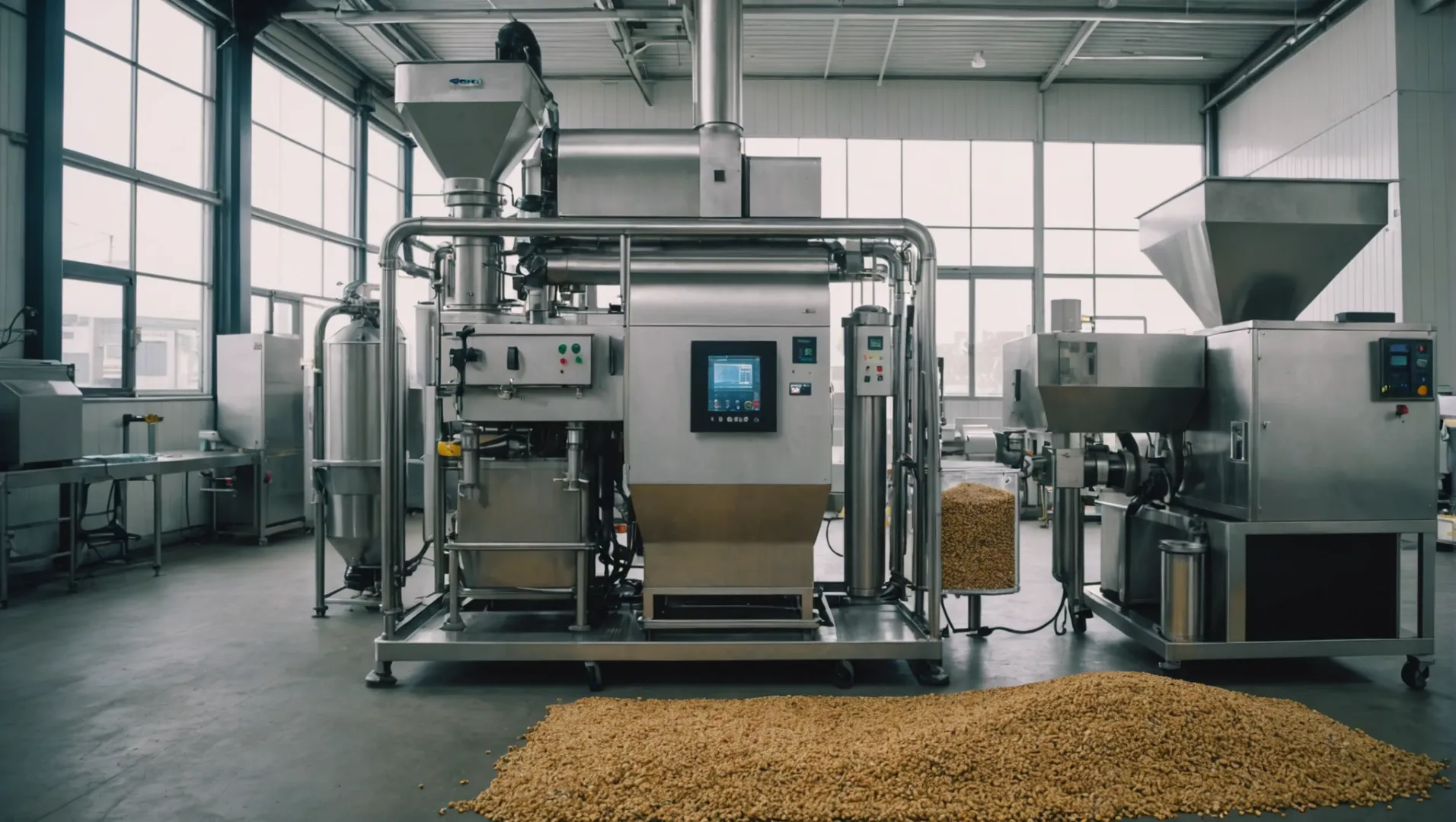 Fish food machine with various pellet sizes in a factory setting