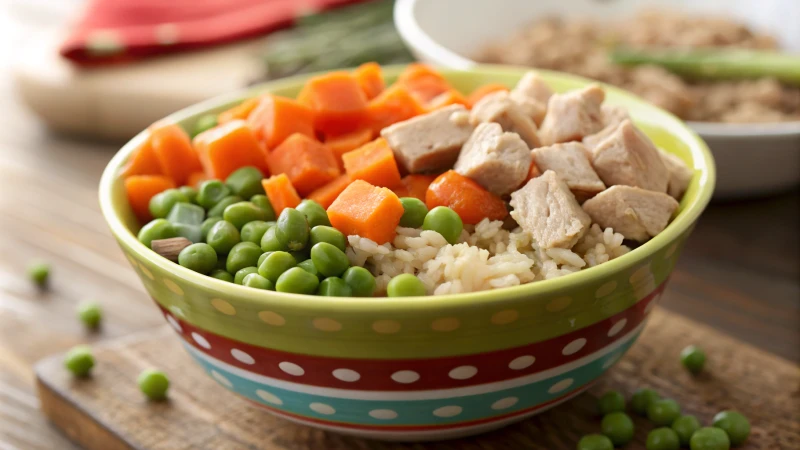 Close-up of a colorful bowl of homemade dog food with fresh ingredients