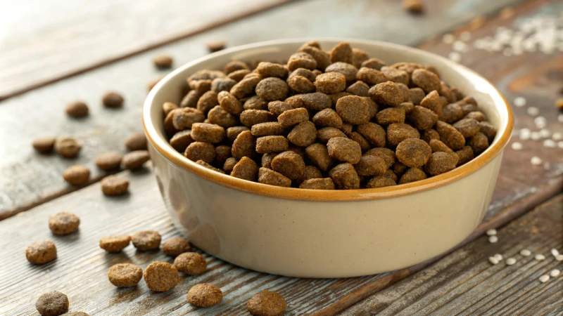 Close-up of a bowl filled with pet food pellets on a wooden surface