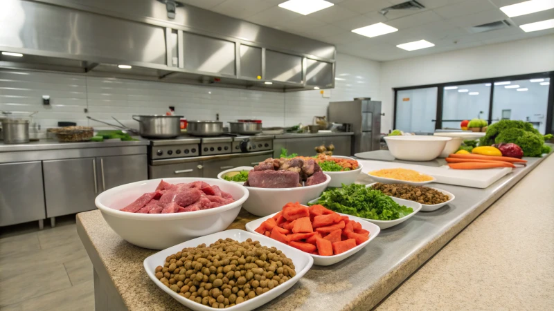 A spacious commercial kitchen for dog food preparation