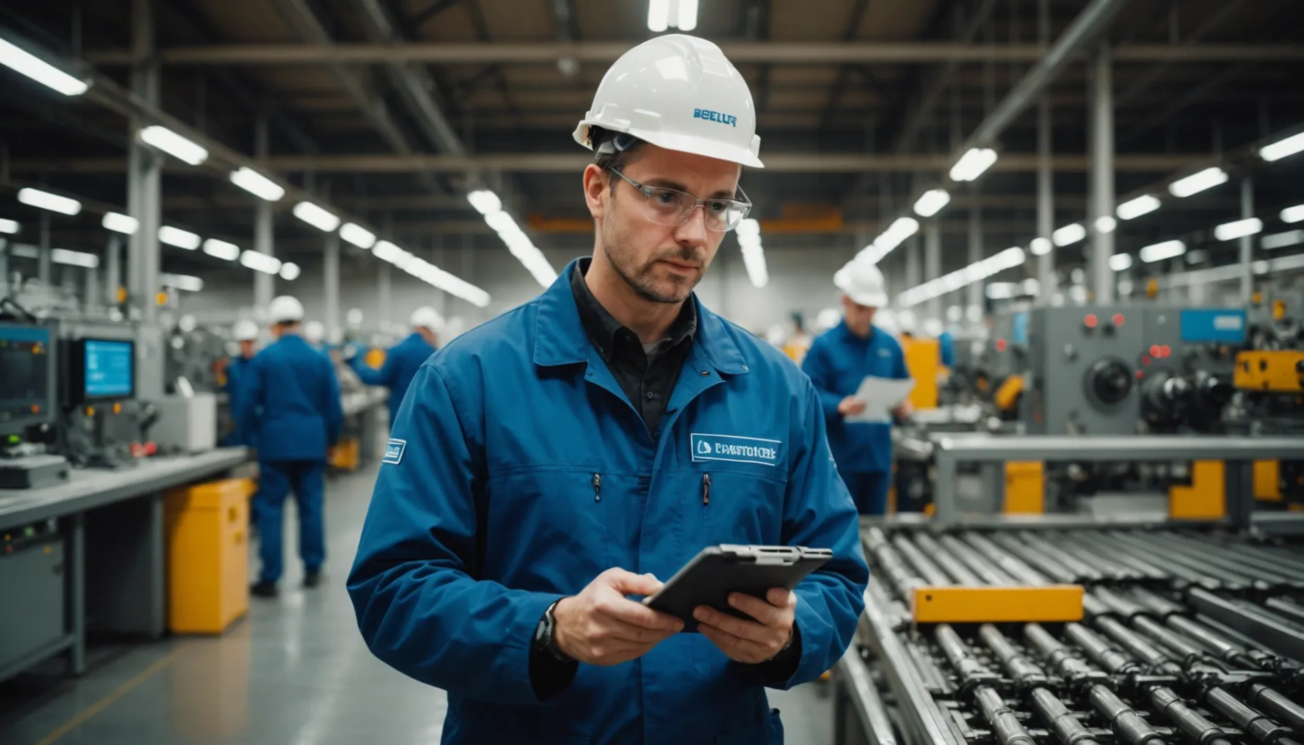 Compliance officer inspecting a busy manufacturing plant