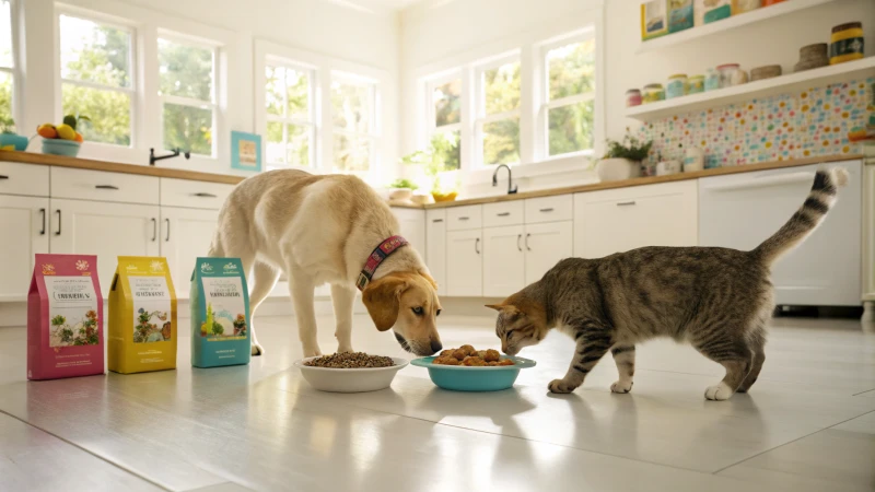 A dog and cat eating from their bowls in a bright kitchen