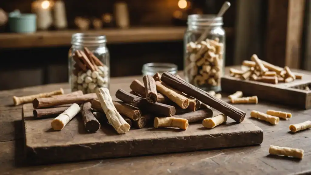 A selection of dog chew treats including bully sticks, dental chews, and natural bones displayed on a wooden table.