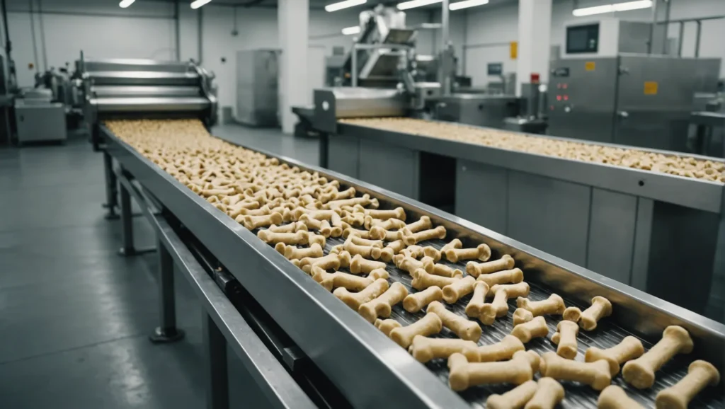 Industrial machine making dog chew bones in a factory