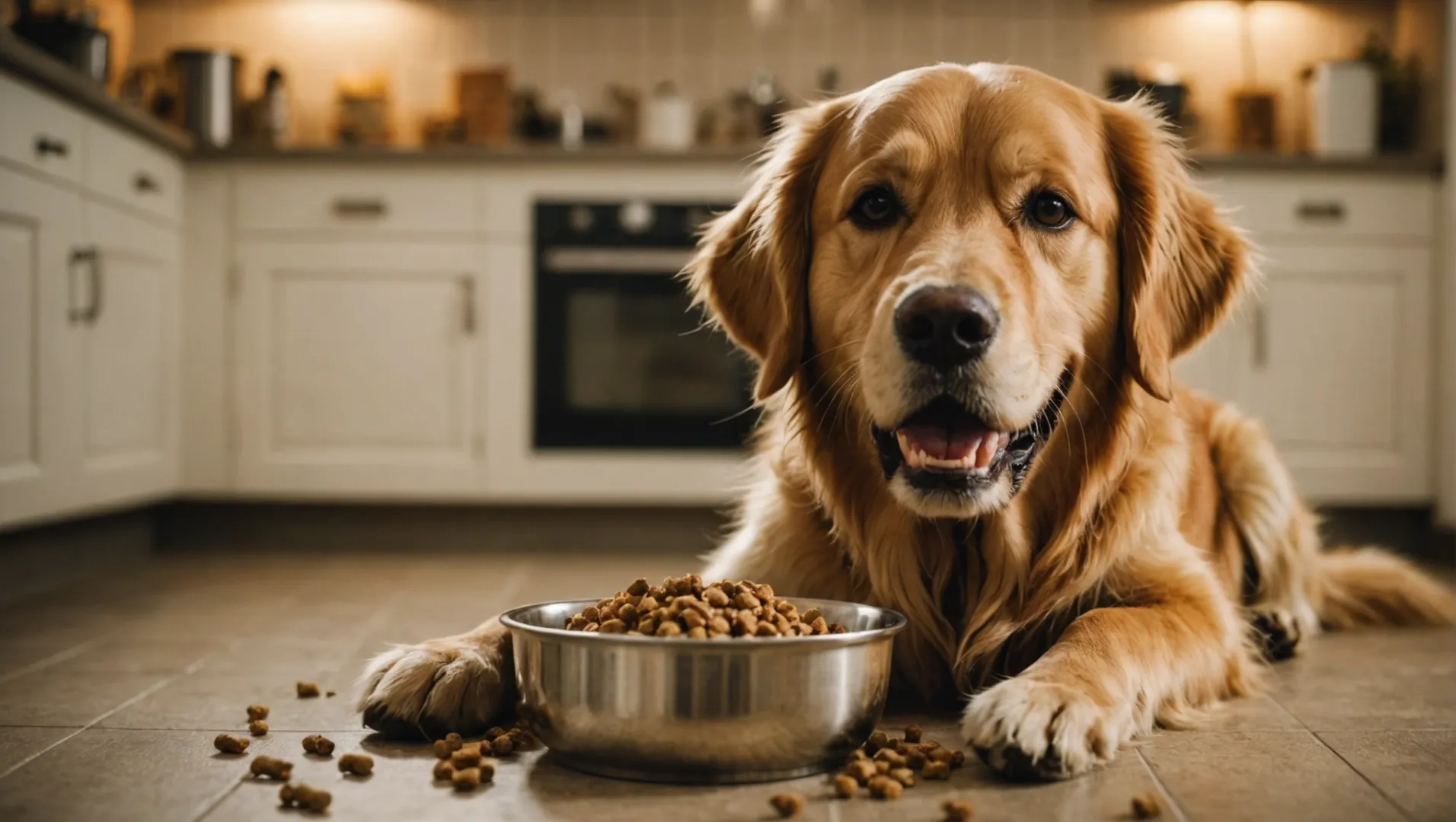 Dog eating food with ground bones showing healthy teeth and gums