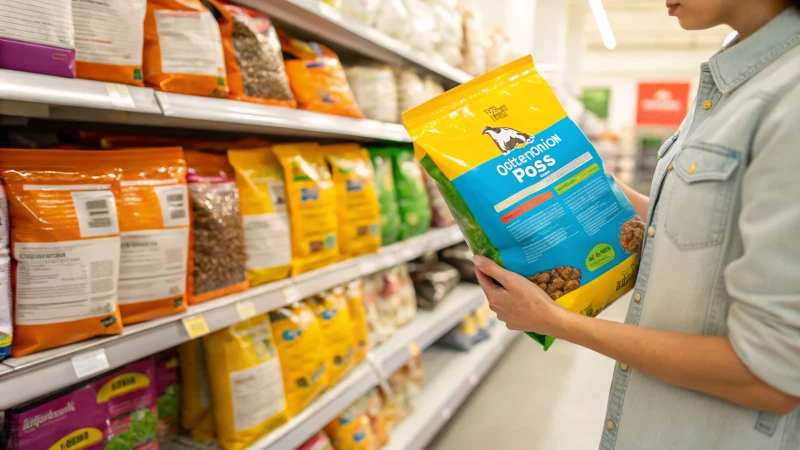 A person examining a bag of dog food in a brightly lit aisle.