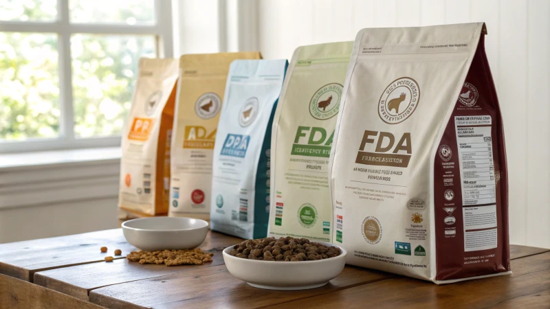 A variety of dog food bags on a wooden table with certification seals