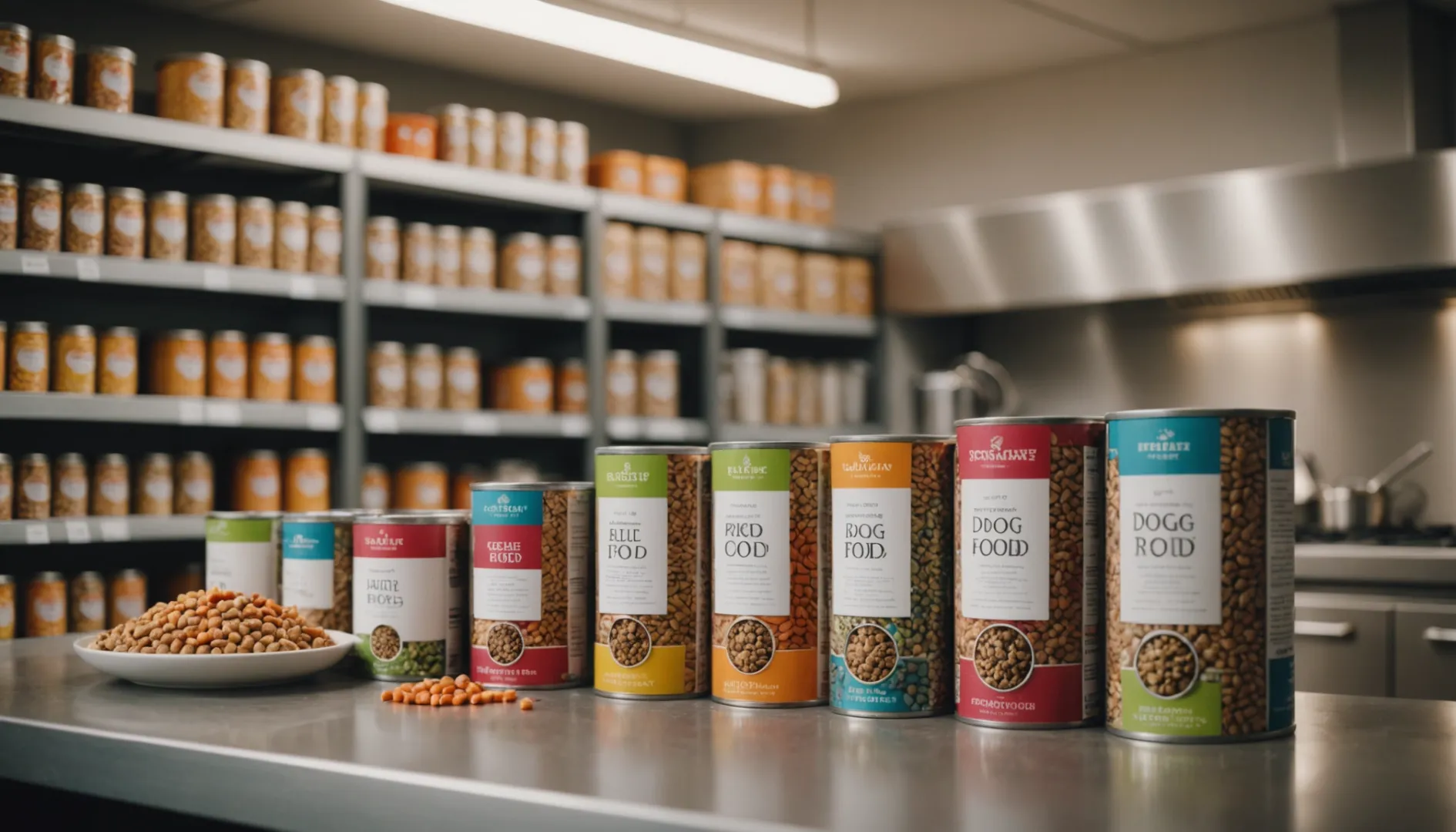 Dog food business concept with pet food packaging and ingredients