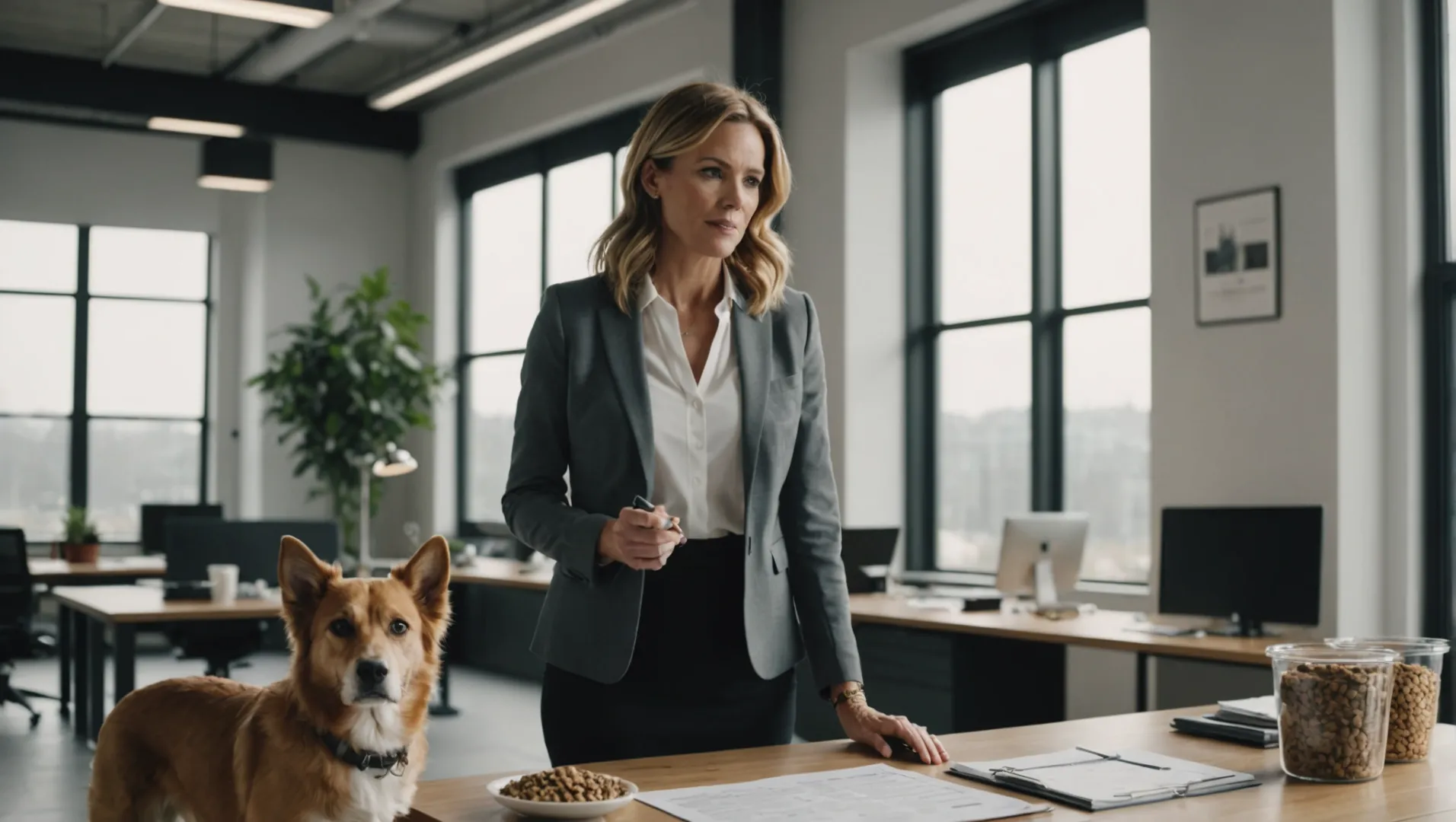 A businesswoman with a dog standing beside a table full of dog food products in an office setting.