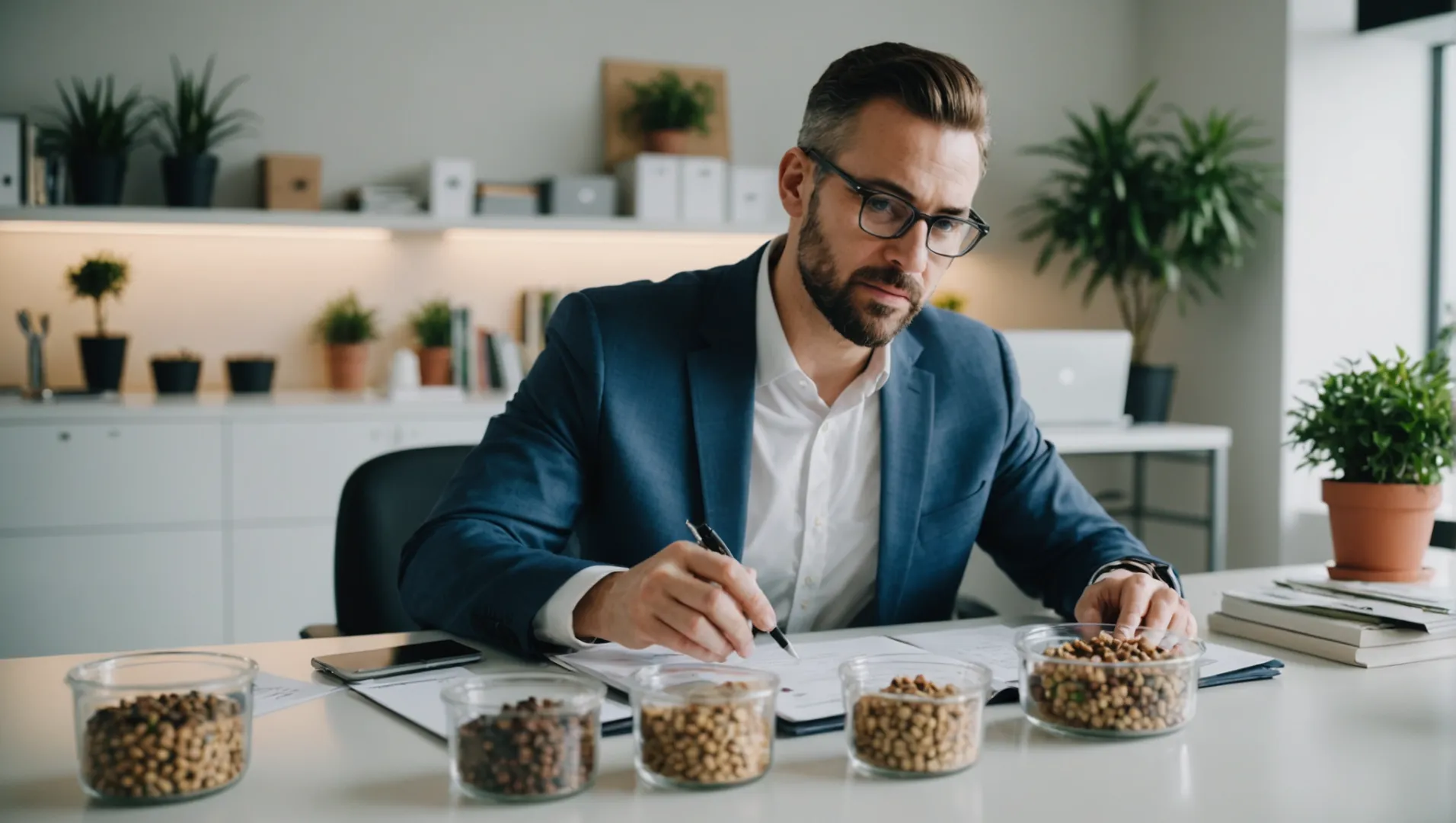 Businessperson reviewing a business plan with a dog food product on the desk