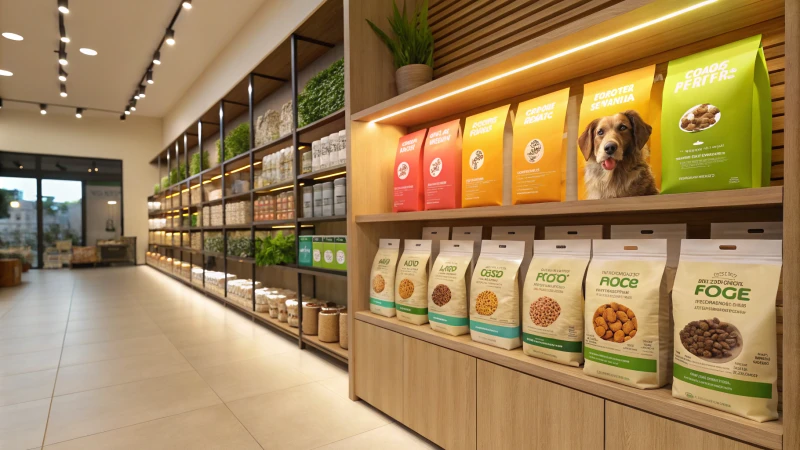 Organized display of eco-friendly dog food products in a pet store