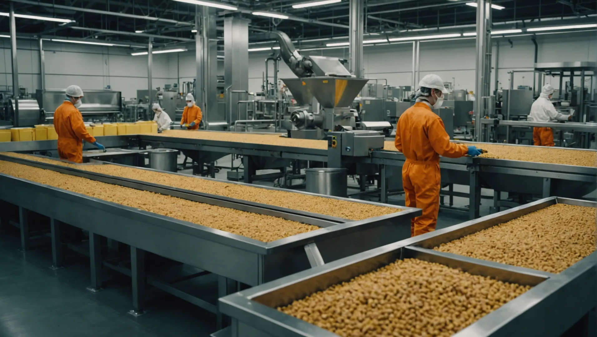 Interior view of a dog food factory with workers and machinery