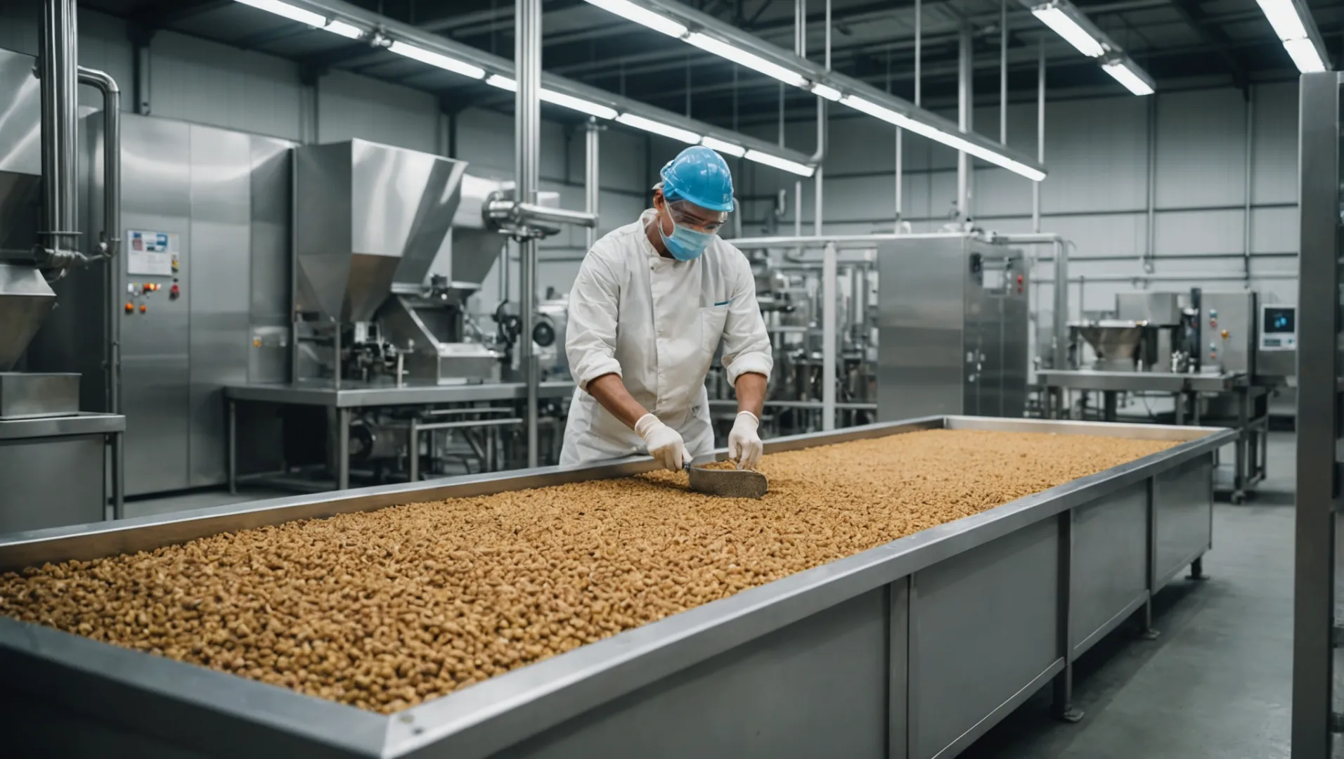 Interior of a modern dog food production factory with machines and workers