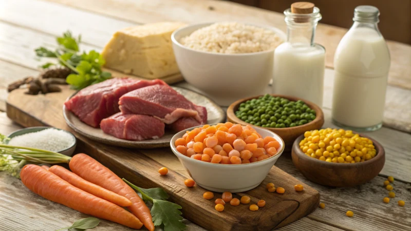 A variety of dog food ingredients on a rustic table