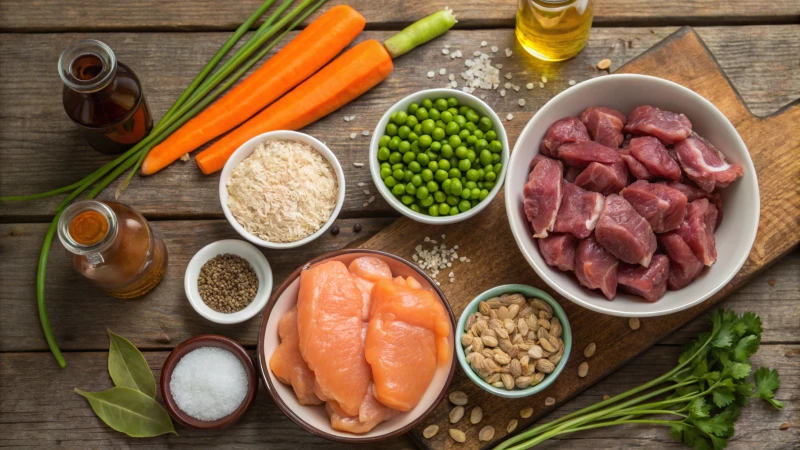 Top-down view of a wooden table with ingredients for dog food