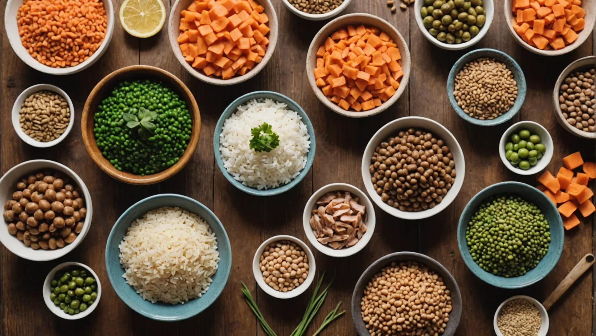 A variety of dog food ingredients arranged on a wooden surface