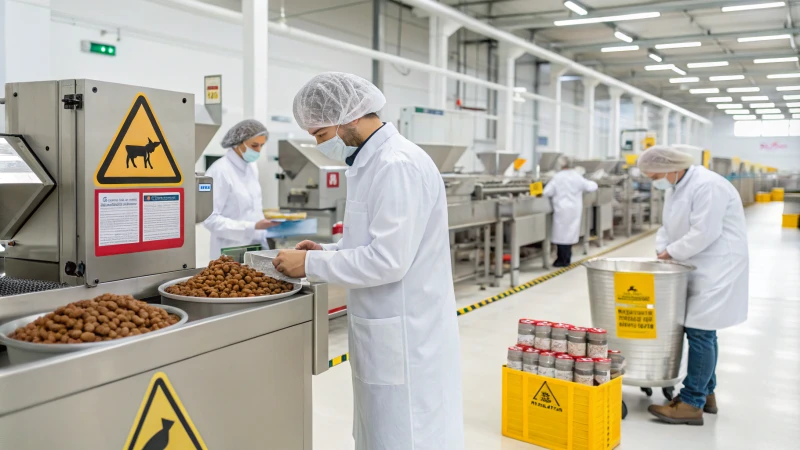 Workers in a dog food manufacturing facility inspecting ingredients