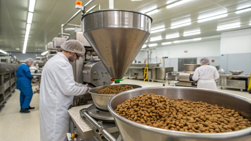 A dog food manufacturing facility with workers and machinery