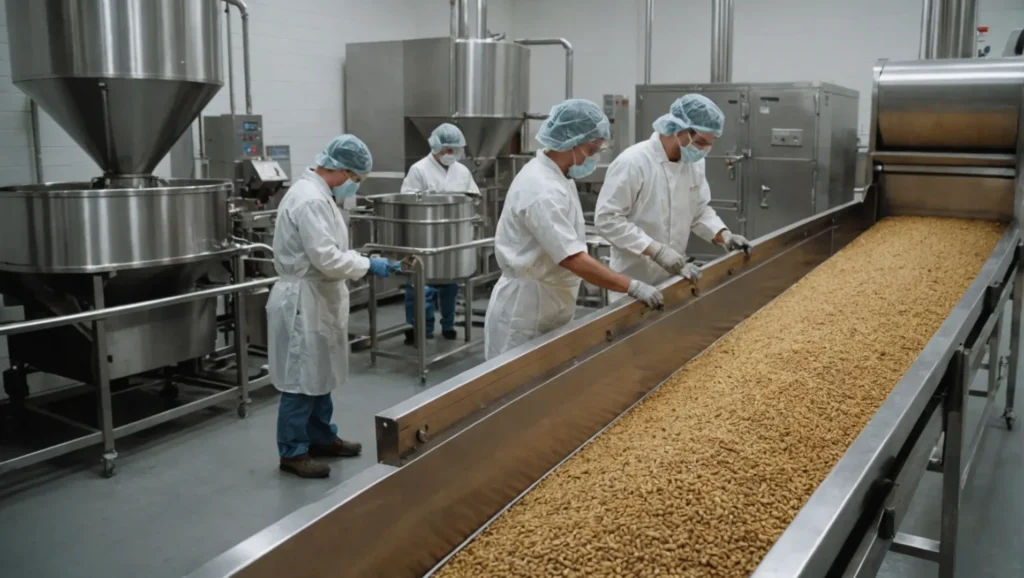 Dog food manufacturing process in a factory