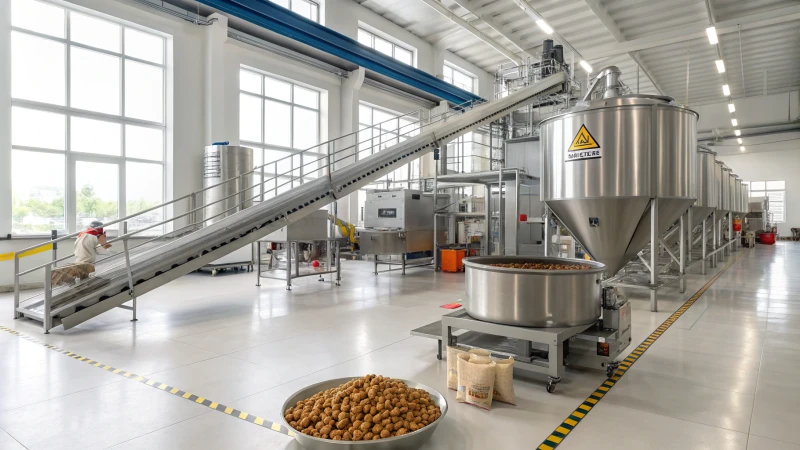 A modern dog food manufacturing facility with industrial mixers and packaging machines.