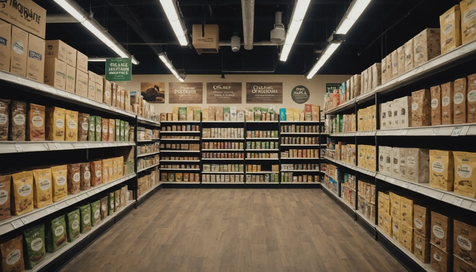 A modern pet store aisle featuring premium dog food brands with clear labeling and eco-friendly packaging.