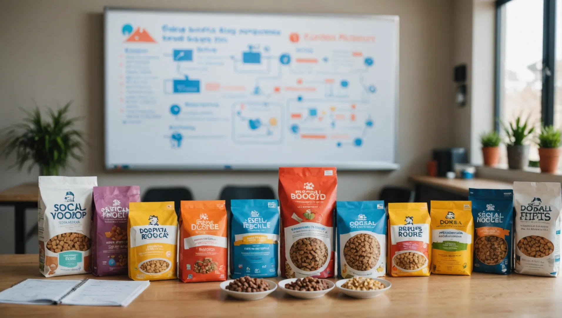 Dog food packaging with a marketing strategy board