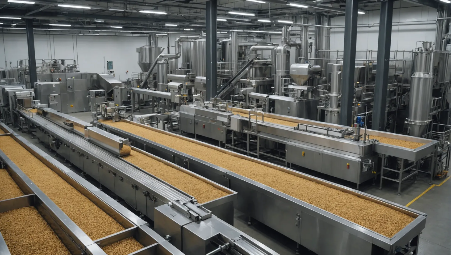 Dog food processing line with various stages from raw material intake to packaging