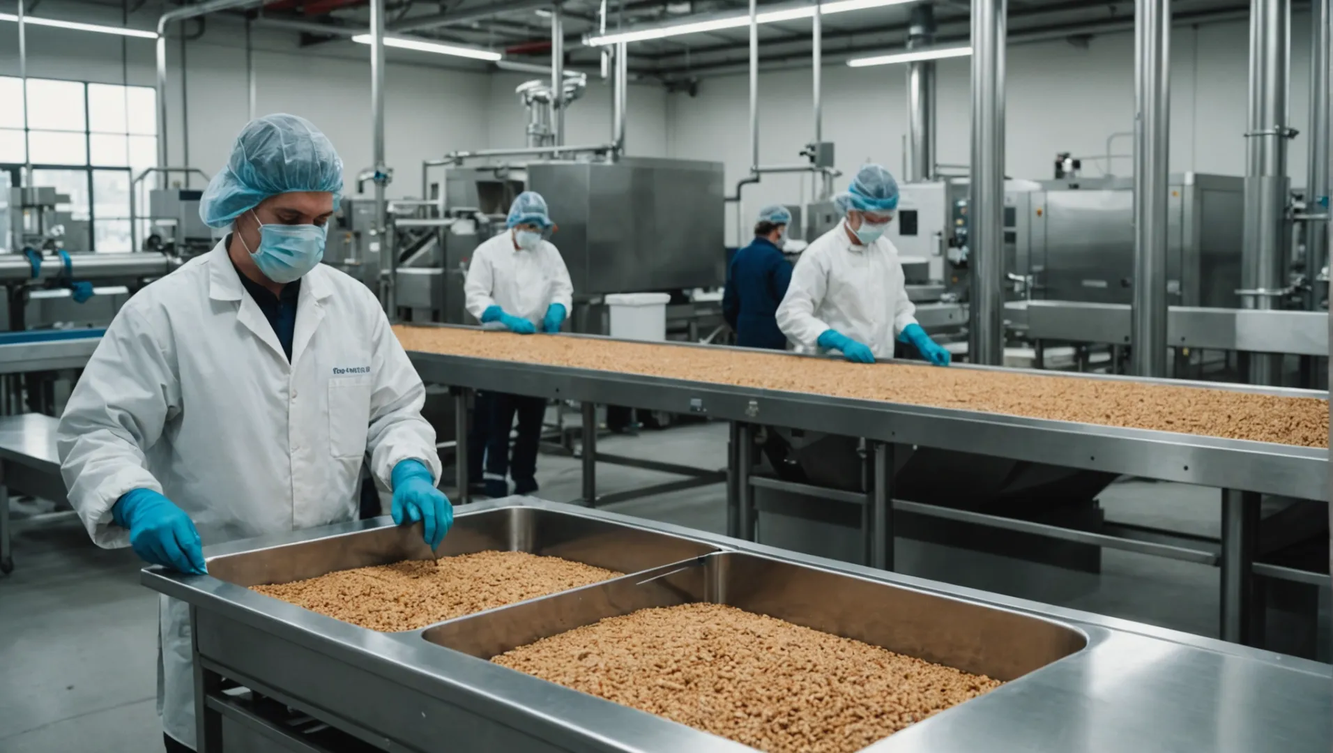 Dog food processing line with machinery and raw ingredients