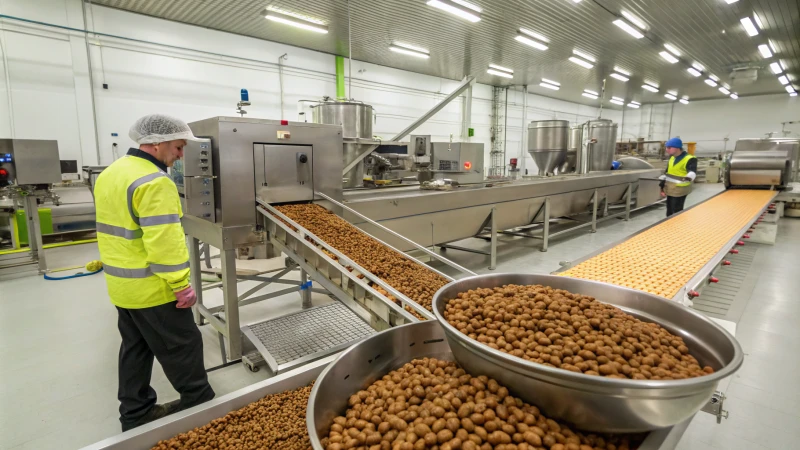 A dog food processing line in a factory with industrial mixers and conveyor belts