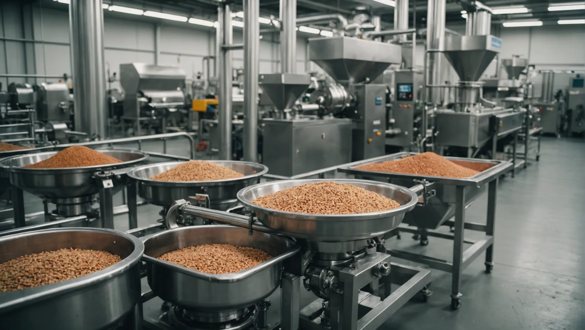 A dog food processing line with machinery and ingredients