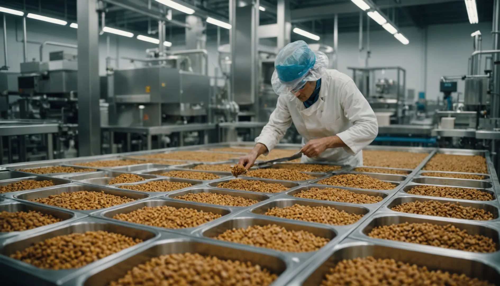 A modern dog food production line with machinery and workers