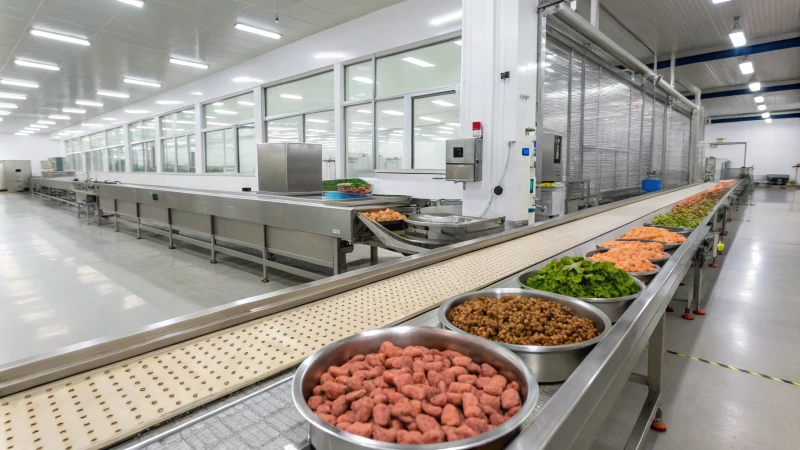 Modern dog food production machine in a clean factory