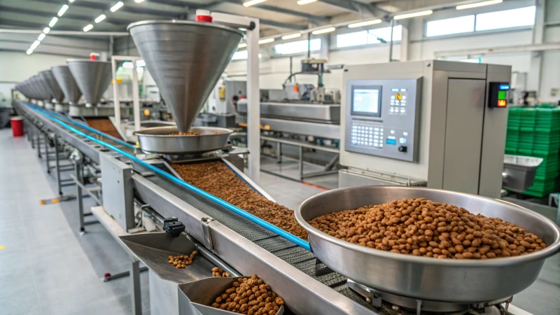 A modern dog food production machine in a factory