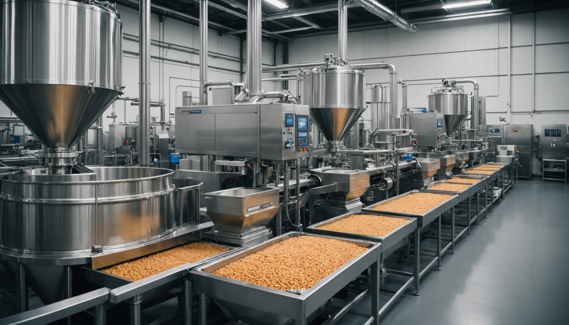 Industrial machinery for dog food production in a factory setting