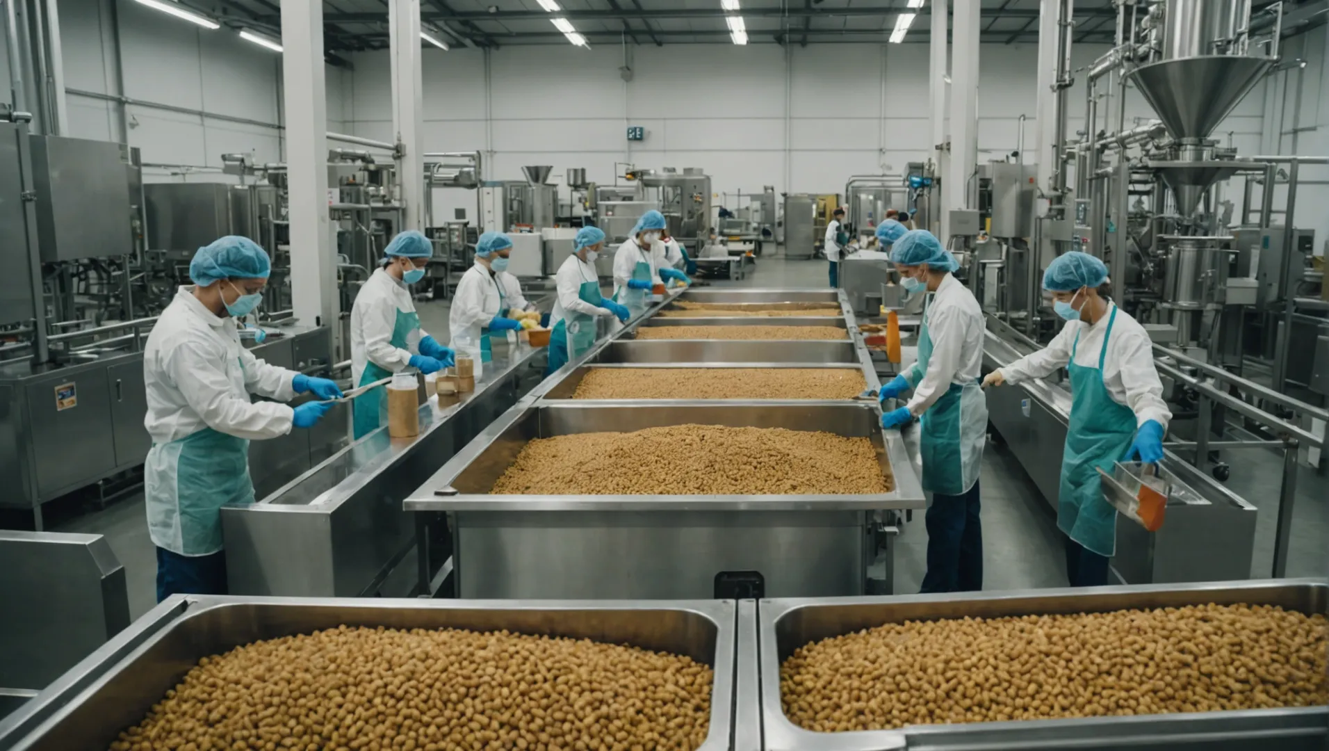 Dog food production line with machinery and ingredients