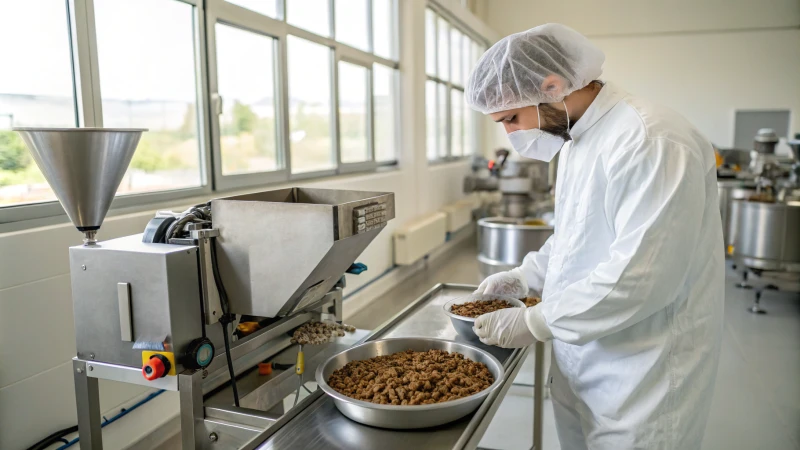 Quality control technician analyzing dog food samples in a clean manufacturing facility