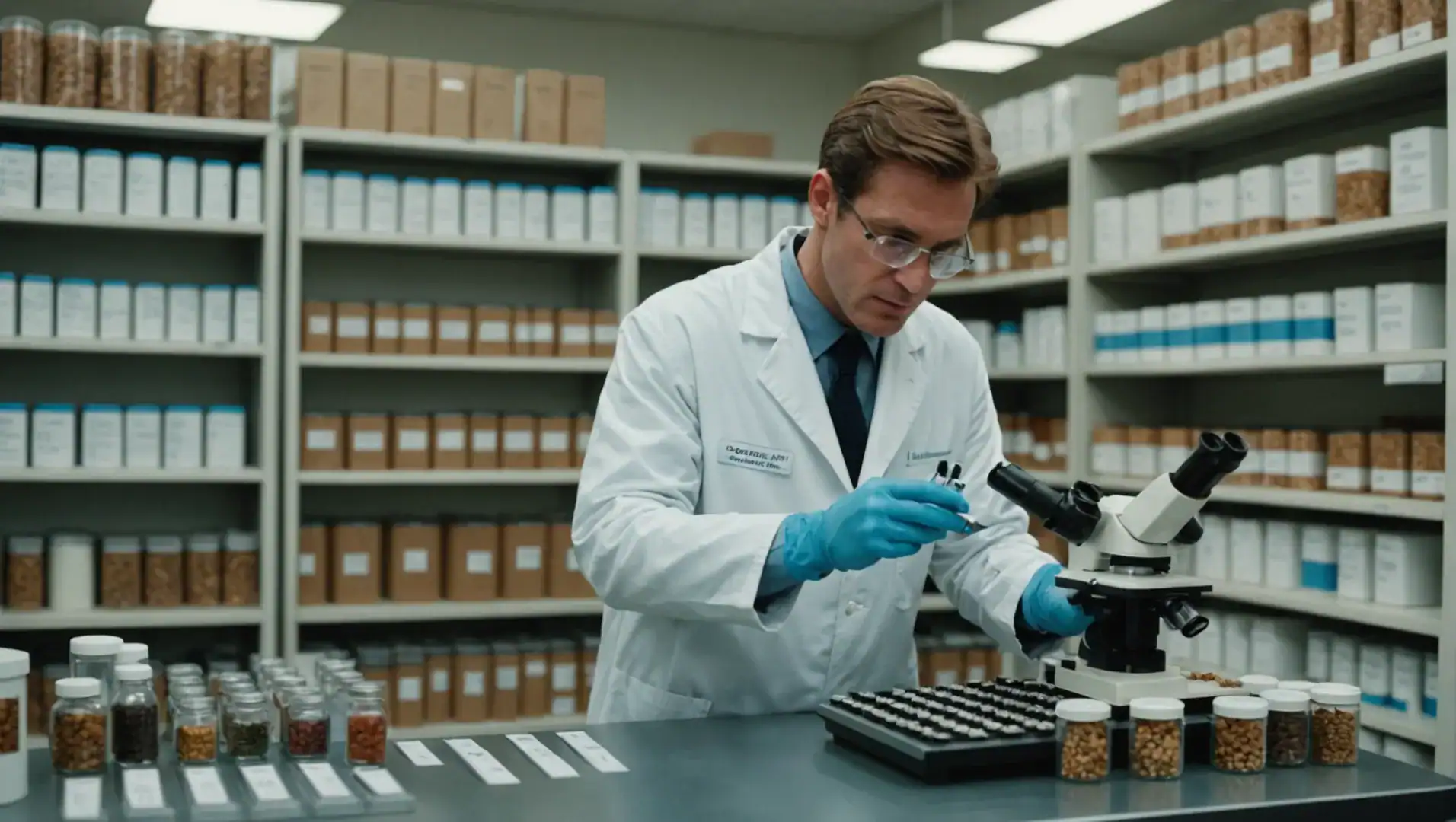 Quality control inspector examining dog food samples in a laboratory